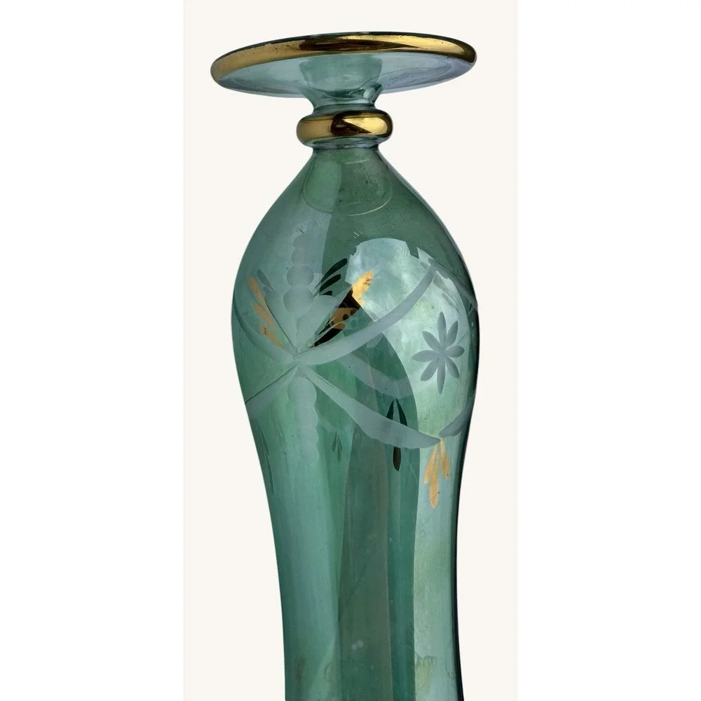 Vintage Royal Limited Emerald Green Glass Vase Hand Cut Etched Gold Rim 6 3/4